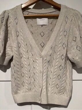 Lucky Brand Cream Openwork Knit Short-Sleeve Button Cardigan Size Small